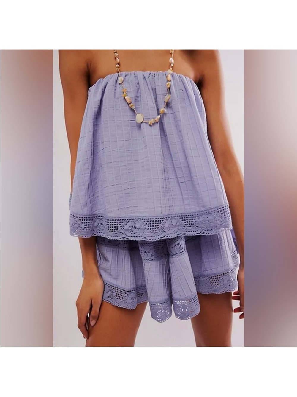 Free people off the shoulder romper crochet trim periwinkle XS - Picture 4 of 6